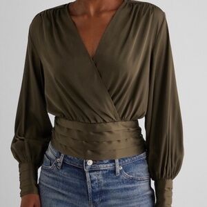 Express Women Satin V-Neck Balloon Long Sleeve Faux Wrap Top Blouse Olive Green